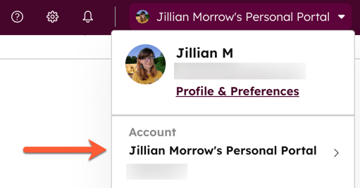 Account navigation, showing the account dropdown menu, highlighting where to verify your account name and Hub ID.
