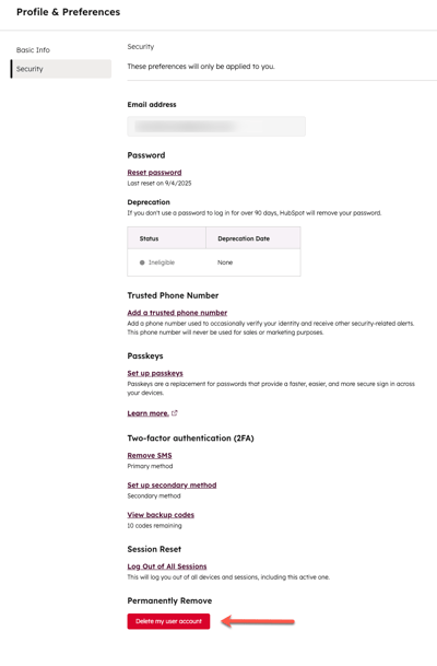 Screenshot showing the Security page, highlighting the button "Delete my user account"