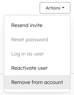 User settings, displaying the action dropdown menu, highlighting the option to "remove from account".