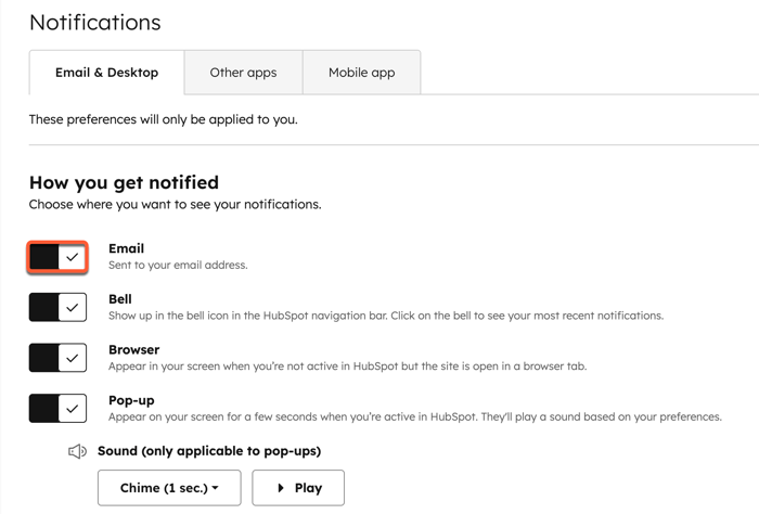 Account notification settings, showing options to turn on email, bell, browser, and pop-up notifications.